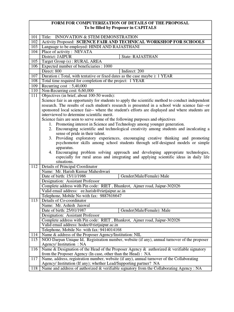 Form For Computerization of Details of The Proposal To Be Filled by ...