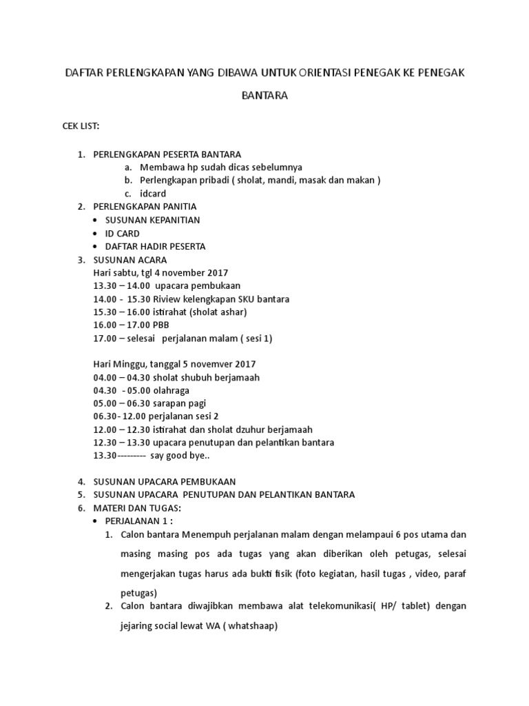 Daftar Perlengkapan Pelantikan Bantara