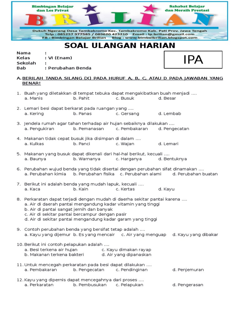 Soal Ipa Kelas 6 Perubahan Benda Guru Galeri