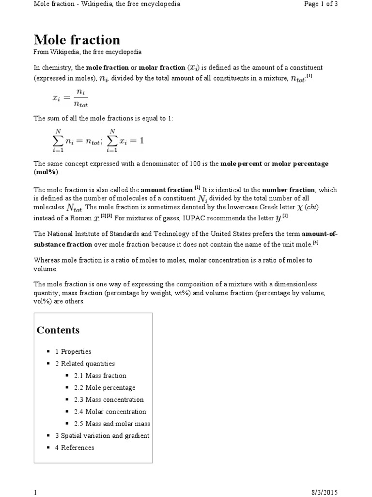 Mole Fraction: From Wikipedia, The Free Encyclopedia | PDF | Mass