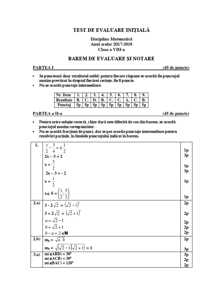 Rezolvare Barem de Corectare Test Initial Matematica Clasa A 8 A | PDF