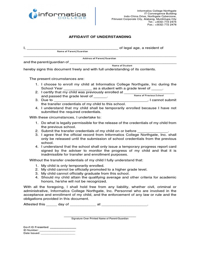 Affidavit of Understanding: Signature Over Printed Name of Parent ...