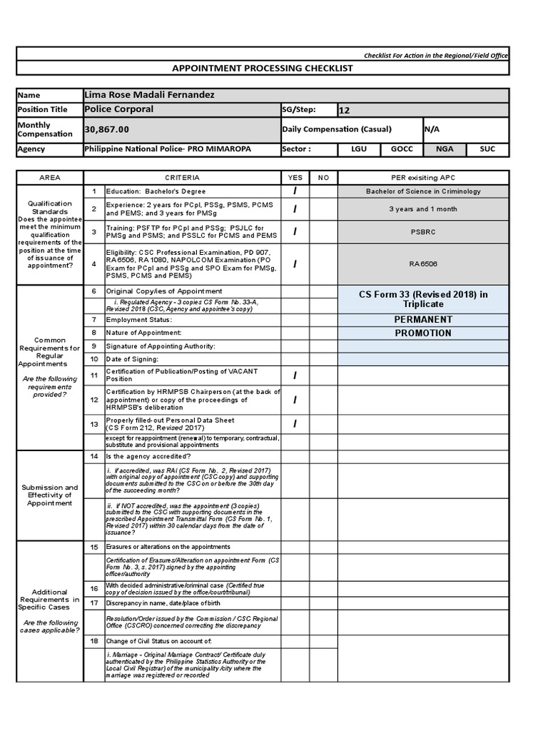 Appointment Processing Checklist Lima Rose Madali Fernandez Police