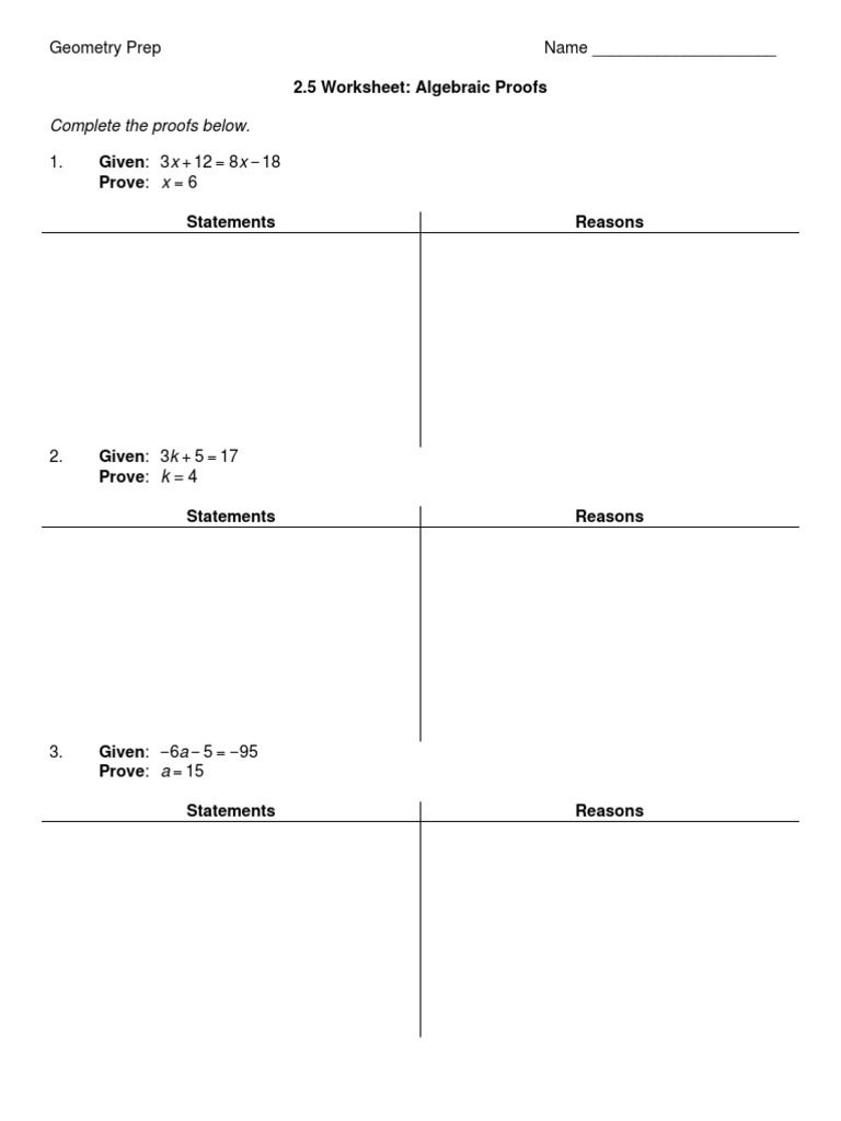 Algebraic Proof Worksheet