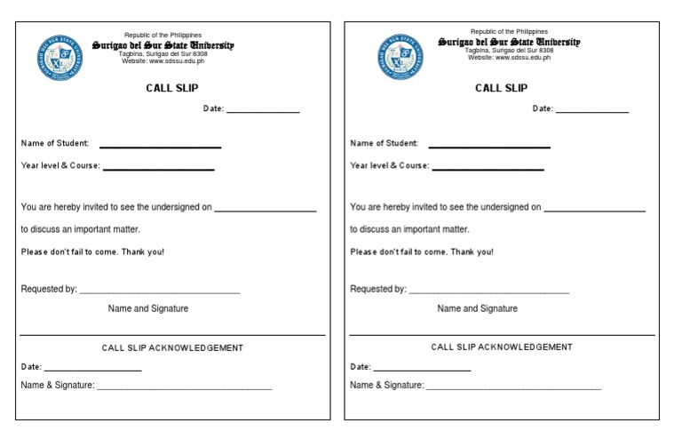 Call Slip Call Slip: Surigao Del Sur State University Surigao Del Sur ...