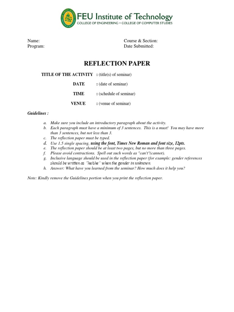 Reflection Paper: Name: Course & Section: Program: Date Submitted | PDF