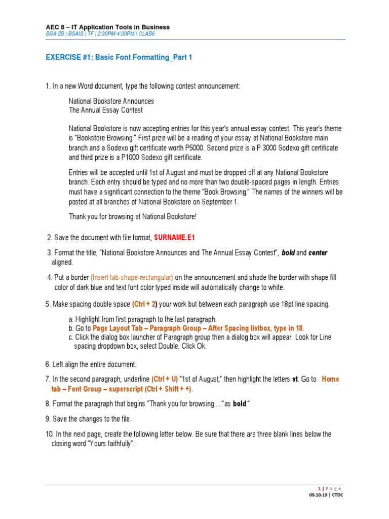 EXERCISE #1: Basic Font Formatting - Part 1: Aec 8 - IT Application ...