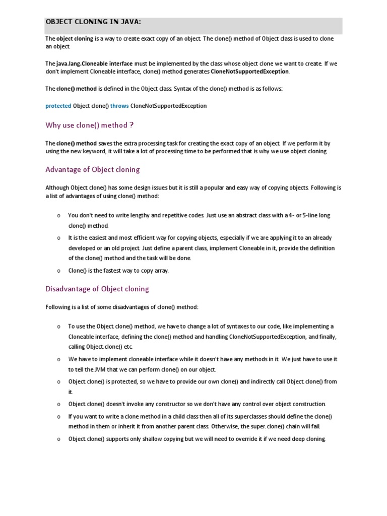 Object Cloning in Java | PDF | Class (Computer Programming) | Method ...