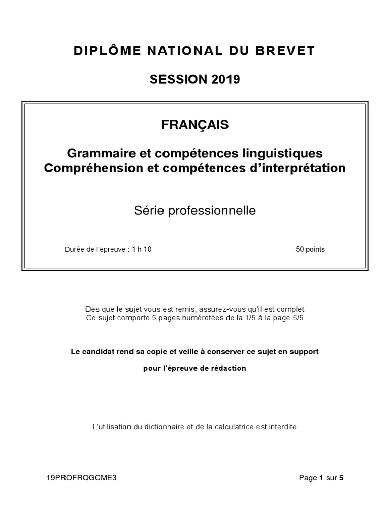 Sujet Brevet Français 2019 Victor Hugo Corrigé Brevet Francais Pro Grammaire CL CCI | PDF