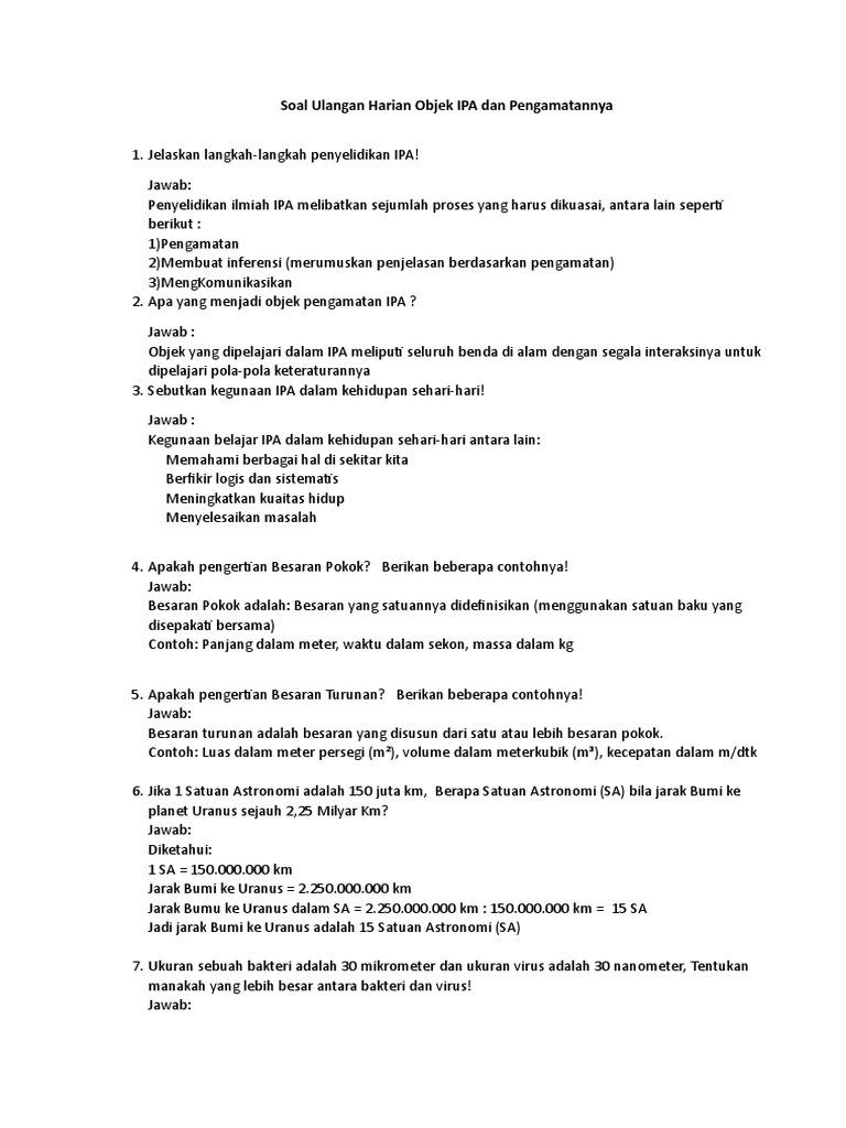 Soal Ulangan Harian Objek Ipa Dan Pengamatannya Pdf