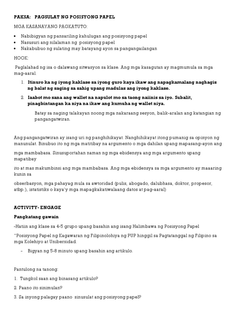 Posisyong Papel Halimbawa Pdf