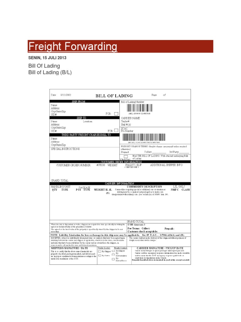 Freight Forwarding Bill of Lading Bill of Lading (B/L) PDF