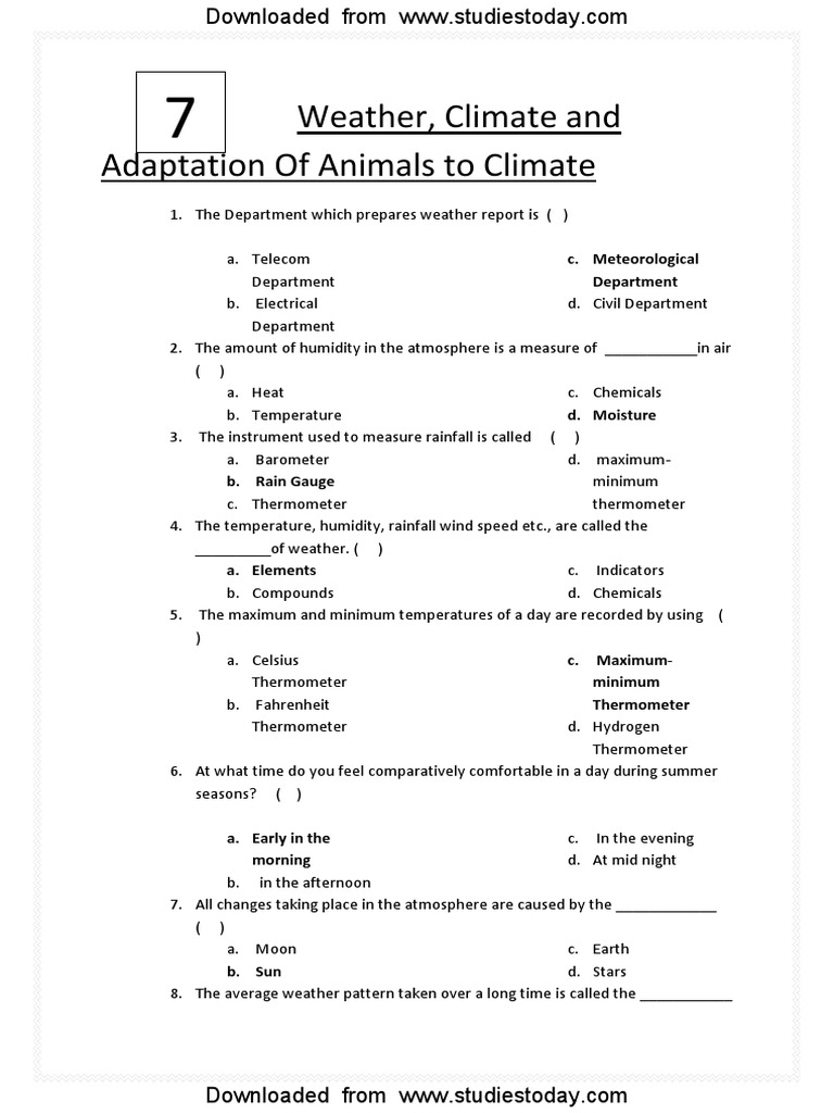 Weather and Climate MCQs for Class 7 | PDF | Climate | Rain