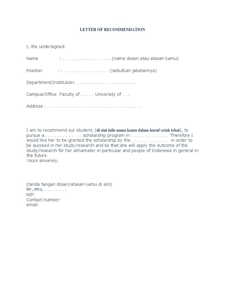 Contoh Surat Rekomendasi Beasiswa | PDF | Seni & Disiplin Bahasa