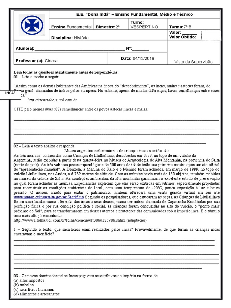 Atividades sobre Incas para 7º Ano | PDF | Império Inca | Civilização Maia, image size:768x1024