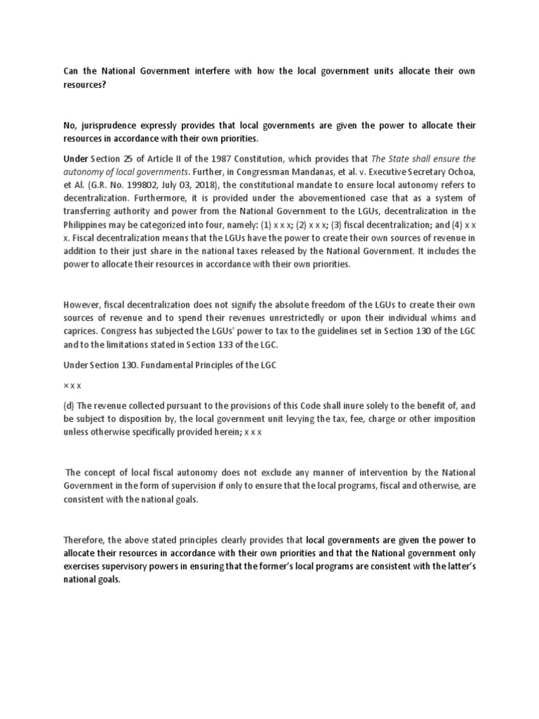 Autonomy Of Local Governments Further In Congressman Mandanas Et Al