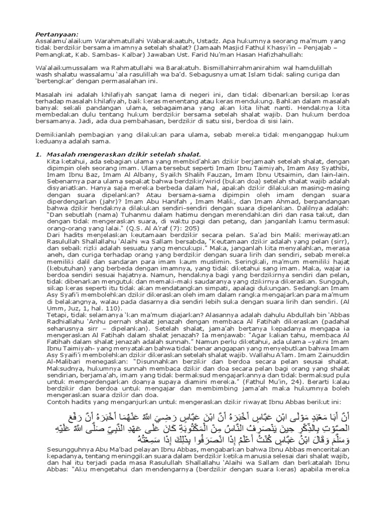 Pertanyaan Tentang Dzikir Dan Doa Setelah Shalat Wajib
