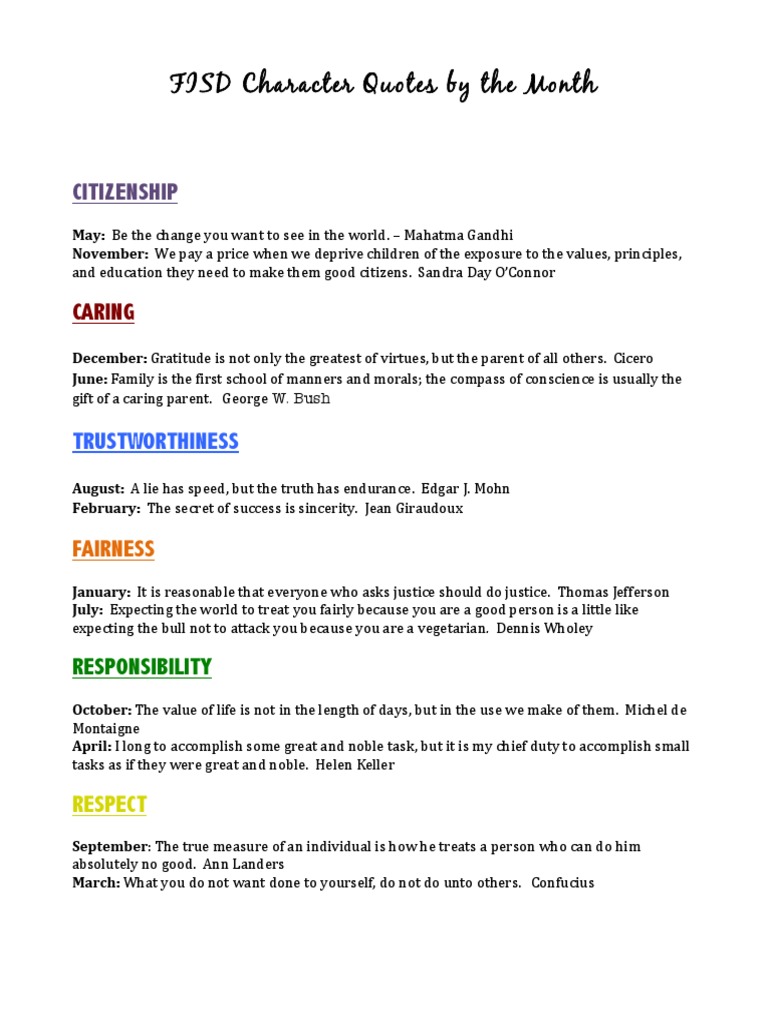 Monthly Character Quotes for Kids | PDF