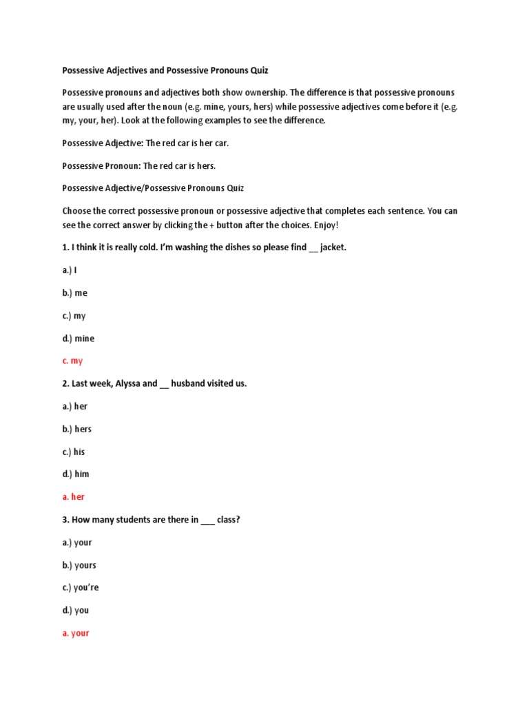 Possessive Adjectives and Possessive Pronouns Quiz PDF Adjective