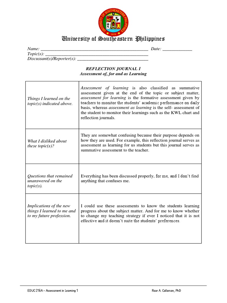 University of Southeastern Philippines: Reflection Journal 1 Assessment ...