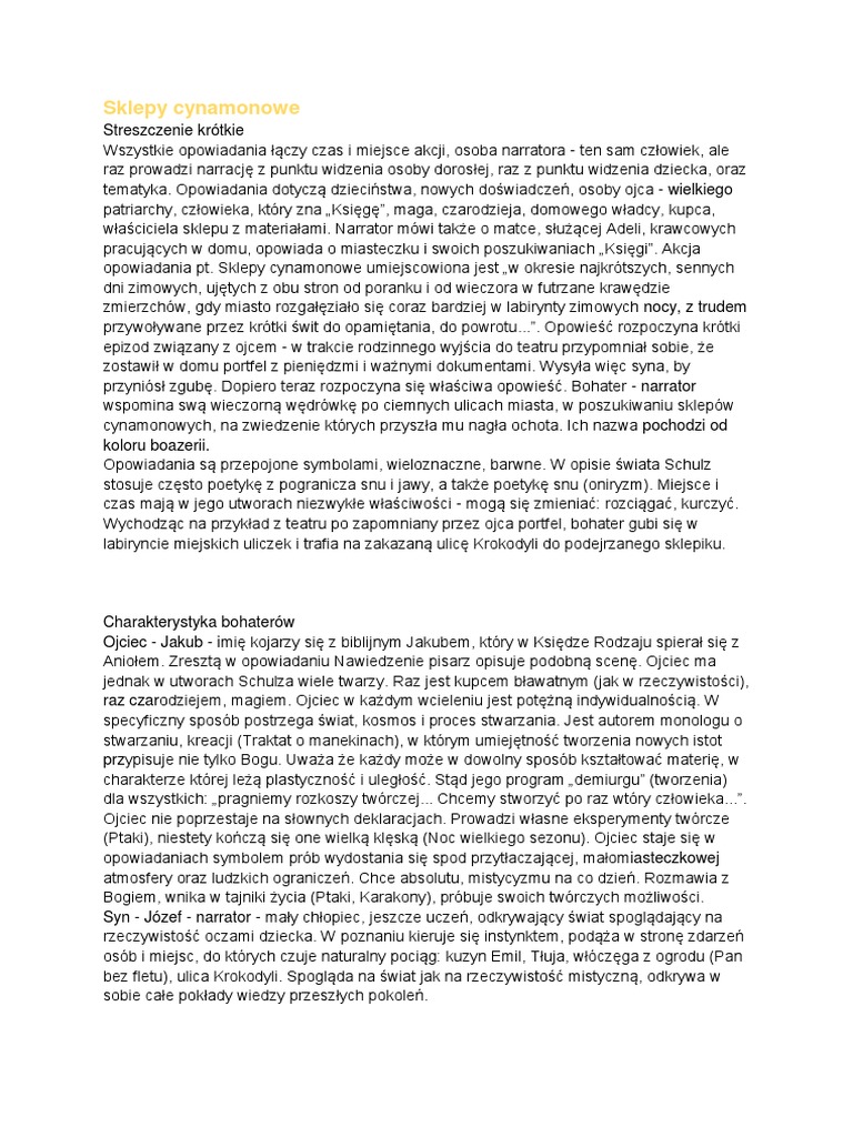 Sklepy Cynamonowe Streszczenie Szczegółowe Bryk