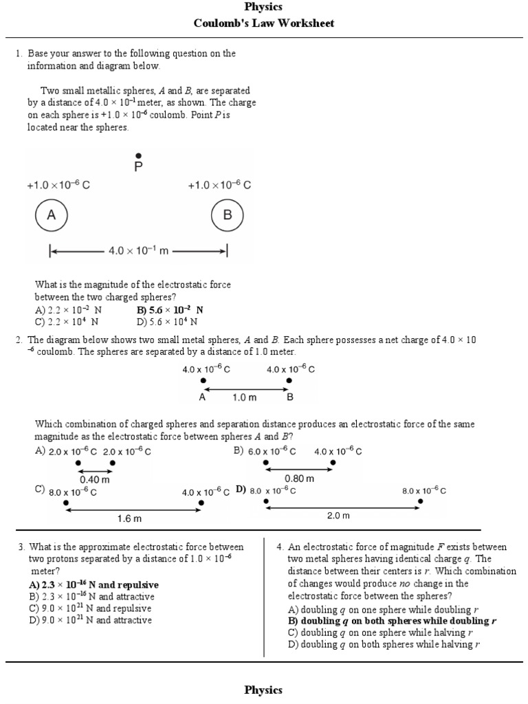 Coulomb's Law Worksheet With Solutions