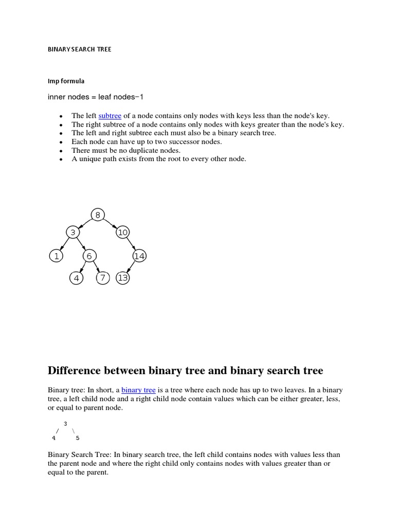 Difference Between Binary Tree and Binary Search Tree: Subtree | PDF