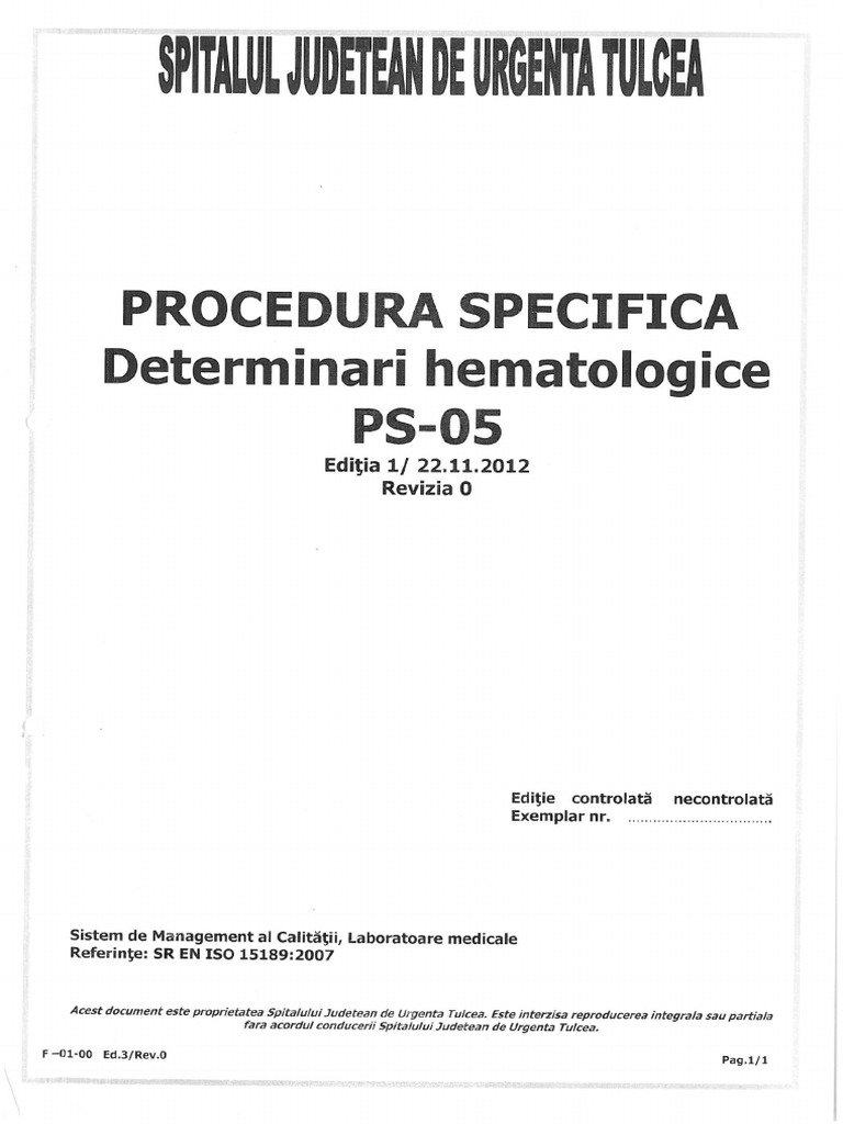 PS-05 - Procedura Specifica - Determinari Hematologice PDF | PDF