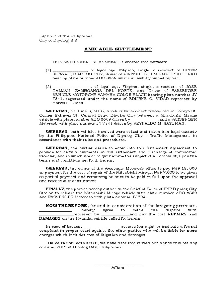 Sample Amicable Settlement Agreement | PDF | Justice | Crime & Violence