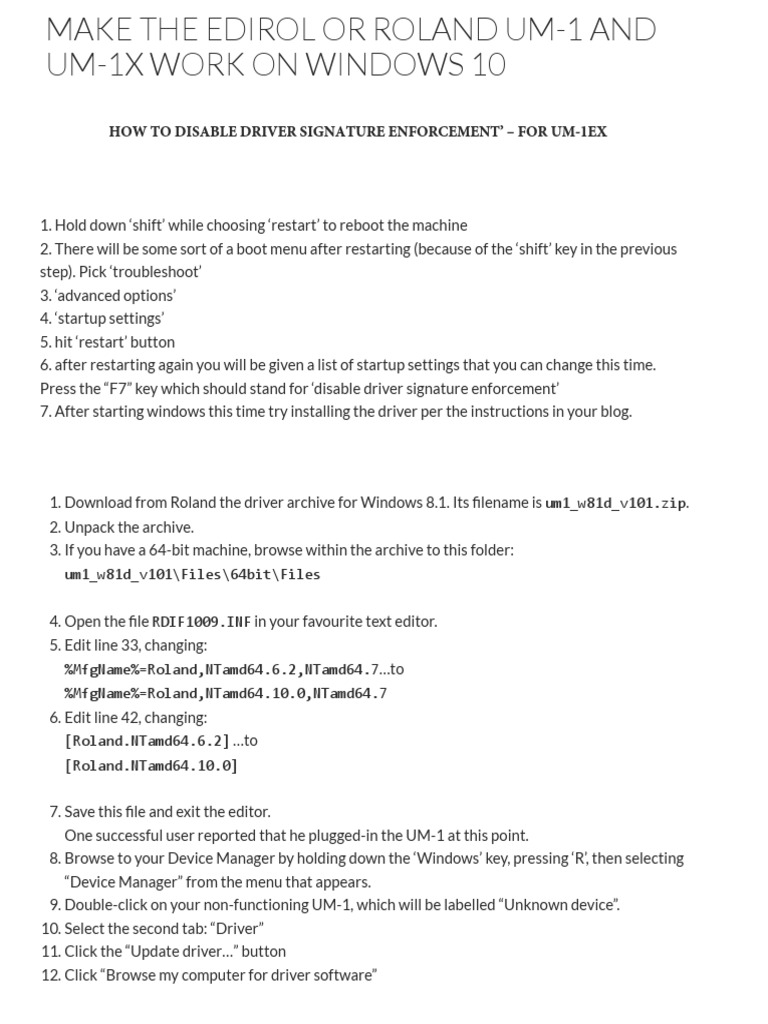 Make The Edirol Or Roland Um 1 And Um 1x Work On Windows 10 Zodiacal Light Windows 10 Device Driver