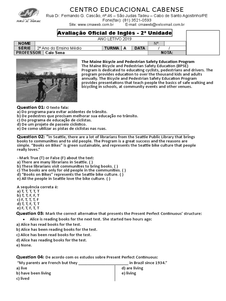 Avaliação de Inglês - 2º Ano A - 2 Unidade | PDF | Grammar