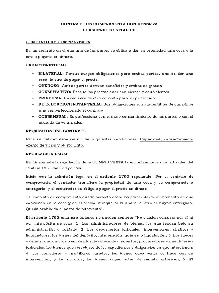Contrato de Compraventa Con Reserva de Usufructo Vitalicio
