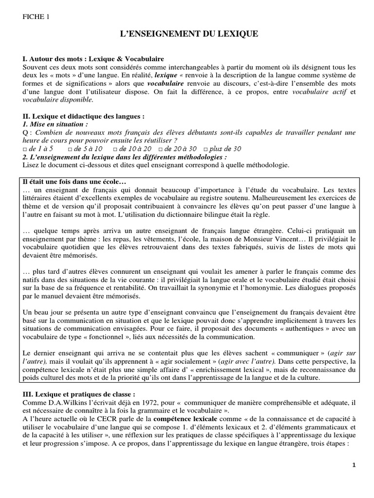 Enseigner le lexique en classe de langue | PDF | Lexique | Langue française