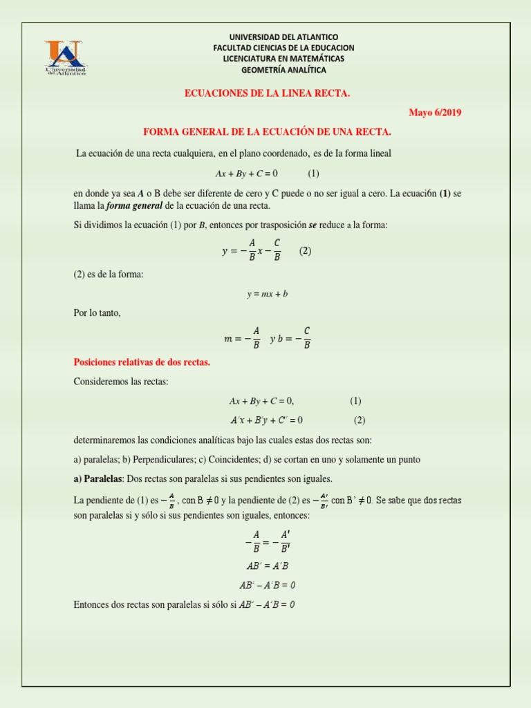 Tema 6 Forma General De La Ecuacion De La Recta Linea Geometria