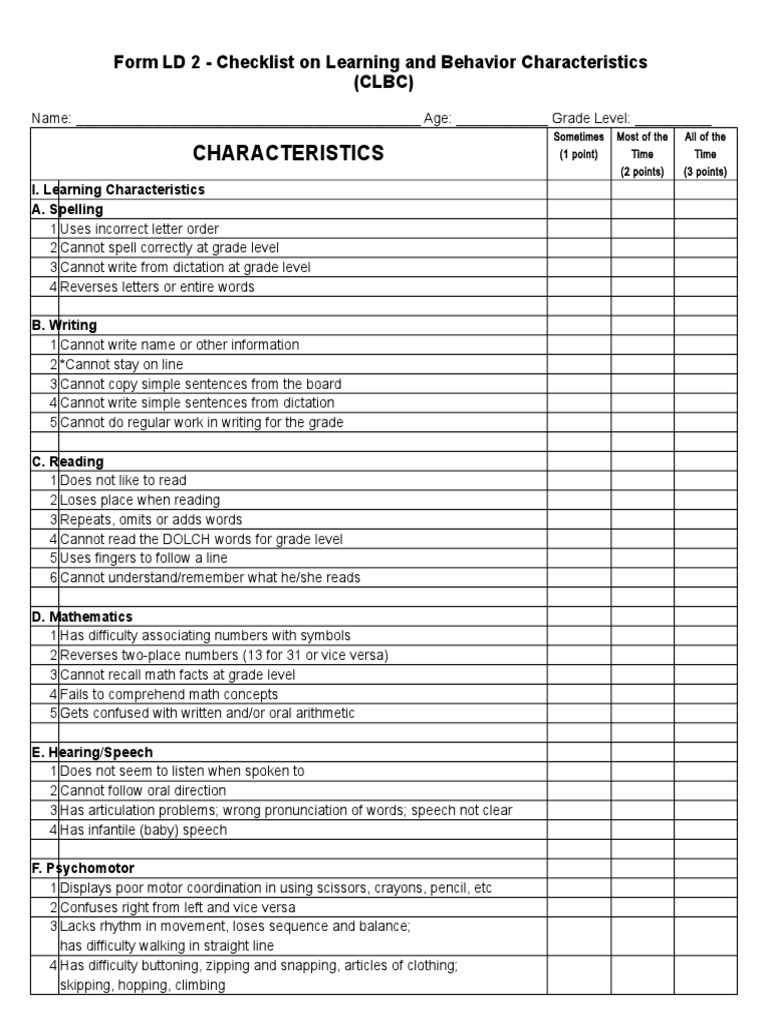 Learning Disability Assessment Checklist | PDF | Learning Disability ...