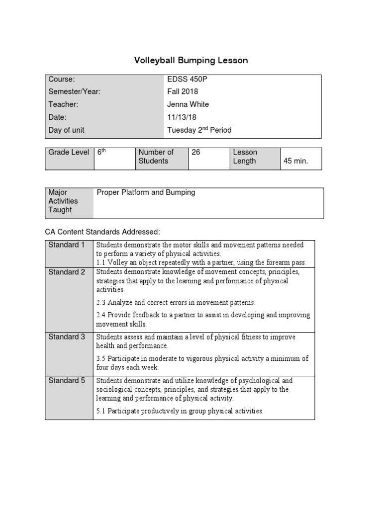 450 Volleyball Bumping Lesson Plan Final PDF Volleyball Question