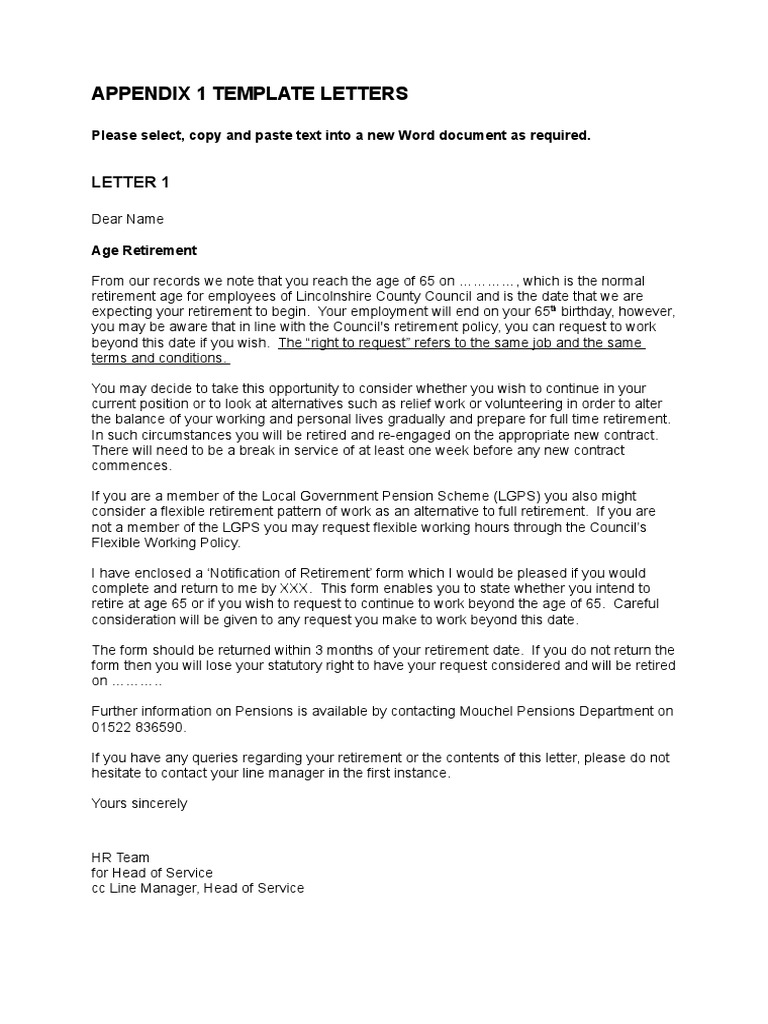 Appendix 1 Template Letters Letter 1 Retirement Employment