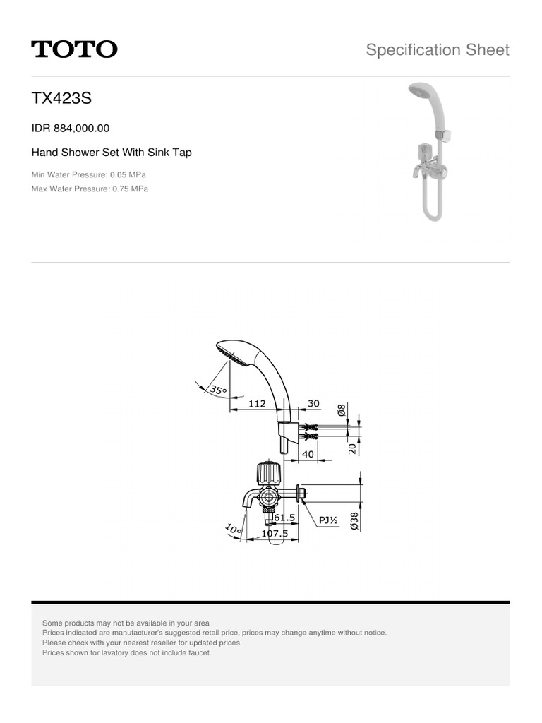 Specification Sheet: IDR 884,000.00 Hand Shower Set With Sink Tap | PDF