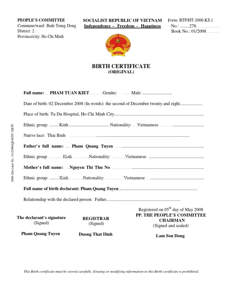 Vietnamese Birth Certificate Sample | PDF | Communist States ...