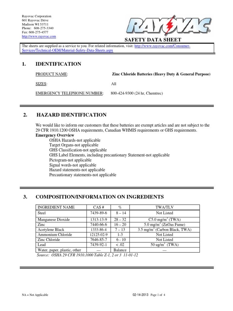 Safety Data Sheet for Rayovac Zinc Chloride Batteries Provides