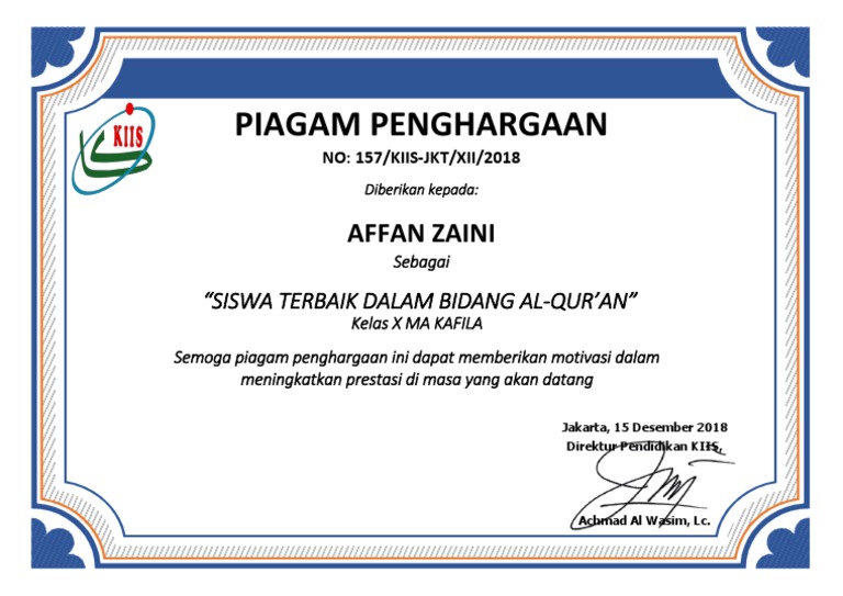 Piagam Penghargaan Tahfidz