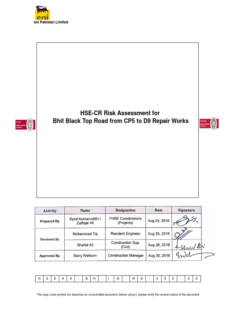 HSE-CR Risk Assessment For Bhit Black Top Road From CP5 To D9 Repair ...
