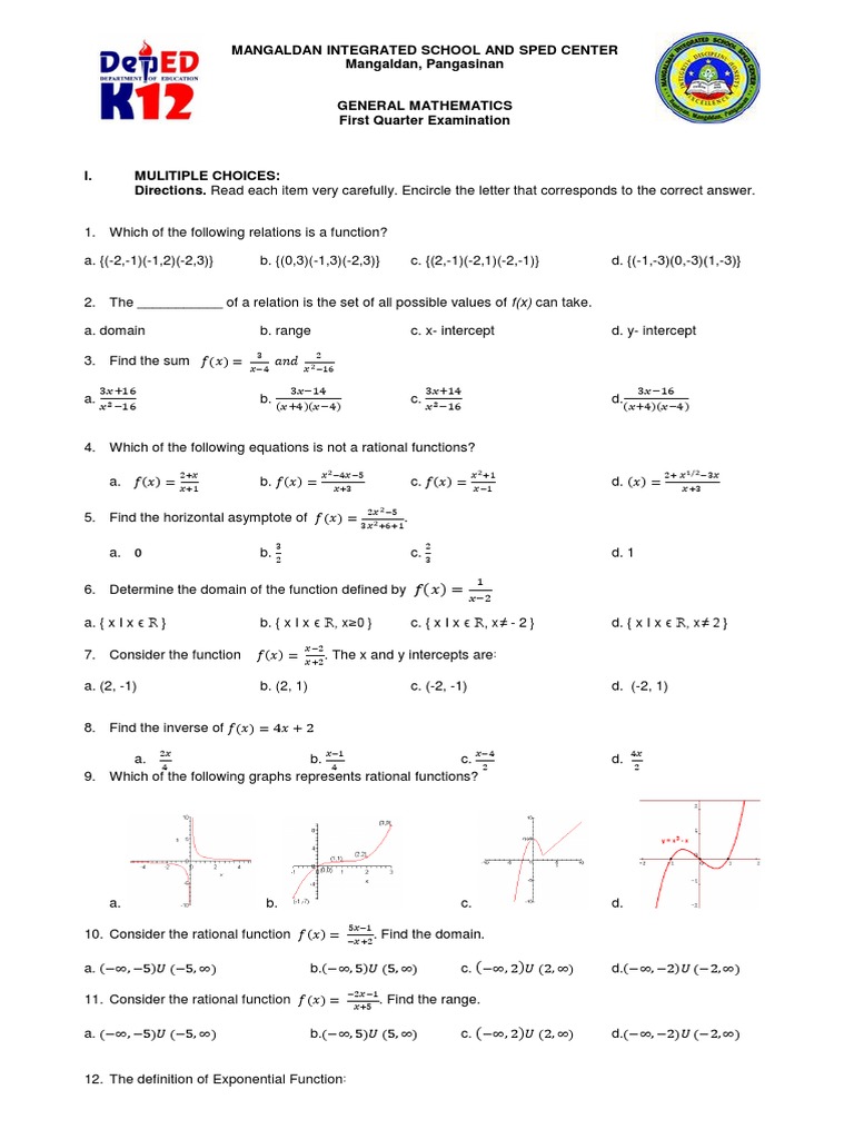 Grade 11 Gen Math 1st Quarter Exam | PDF | Function (Mathematics ...