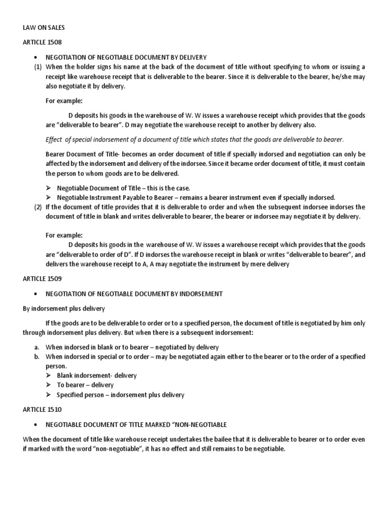 Effect of Special Indorsement of A Document of Title Which States That