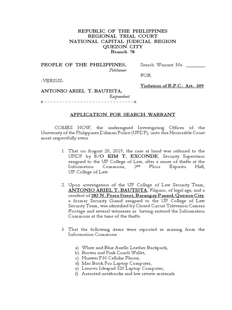 Application for Search Warrant Example | PDF | Search Warrant | Government