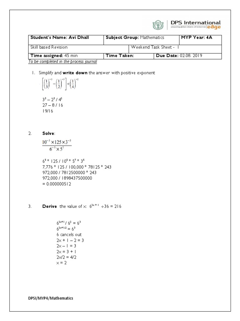 MYP4 Mathematics Weekend Task Sheet | PDF | Workweek And Weekend ...