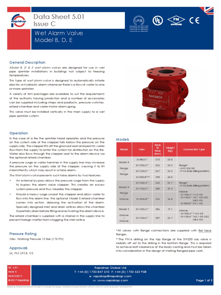 Data Sheet 5.01 Issue C: Wet Alarm Valve Model B, D, E | PDF | Fire ...