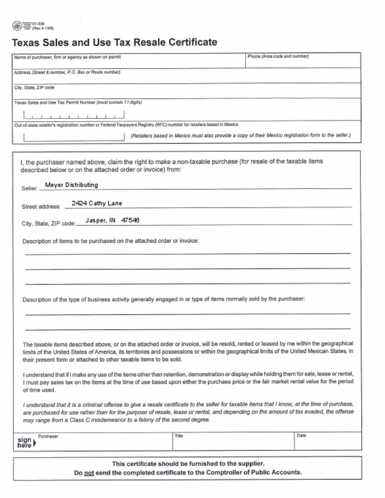 TX General Sales Tax Exemption Certificate | PDF