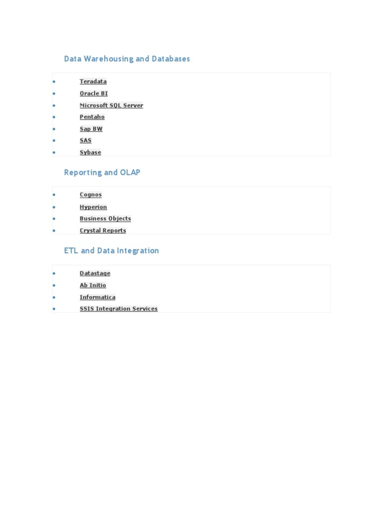 Data Warehousing and Databases: Teradata Oracle BI Microsoft SQL Server ...