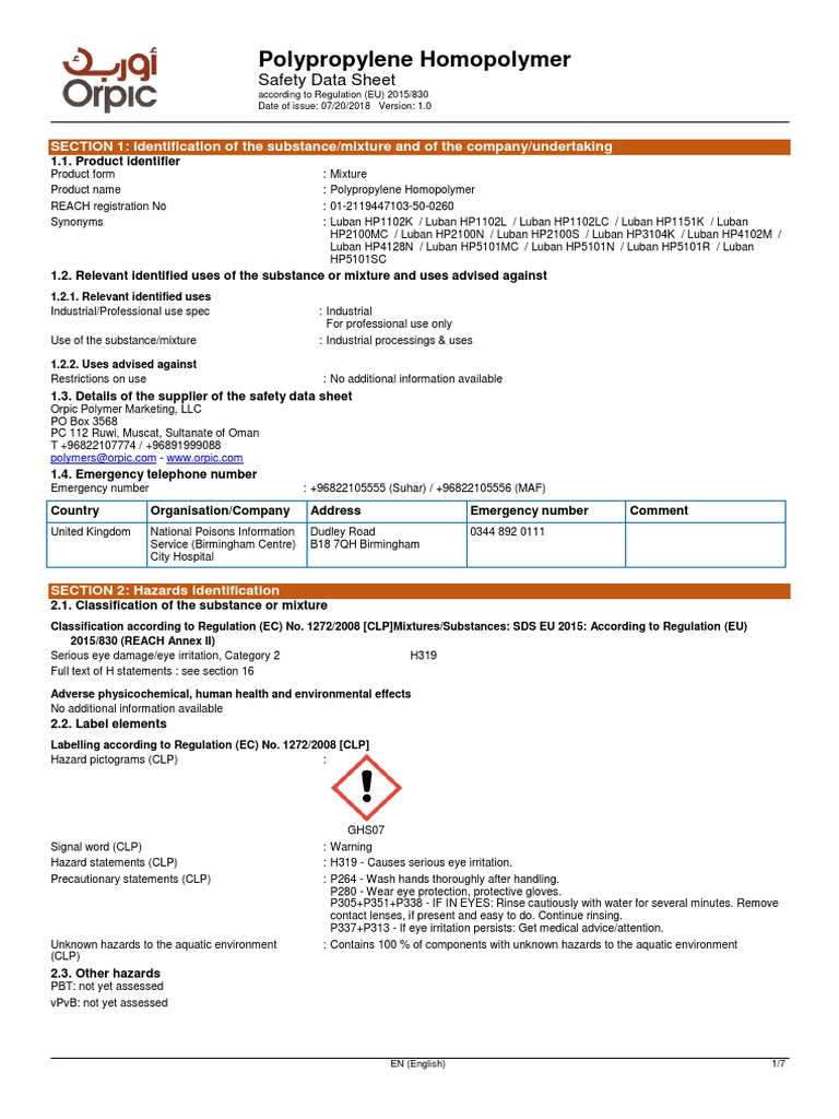 MSDS Polypropylene Homopolymer PDF Dangerous Goods Toxicity